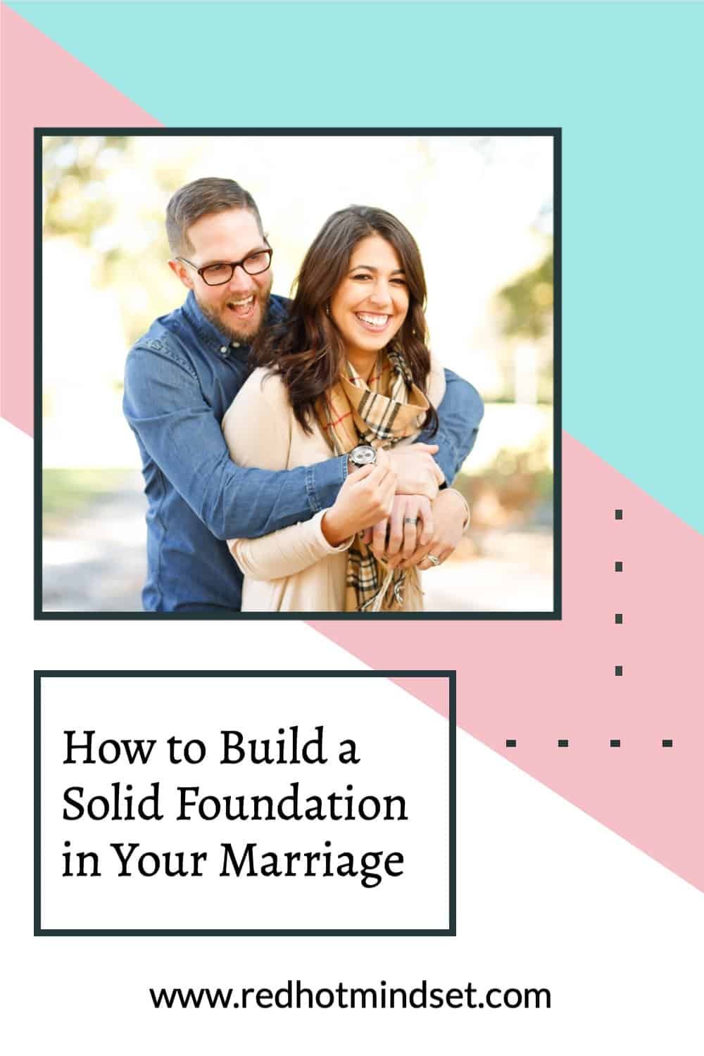 man with glasses in a blue long sleeve hugging woman with medium brown hair. pink, aqua blue and white background